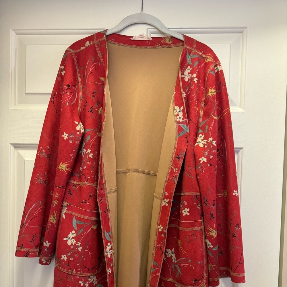 Long red with Asian print long sweater/jacket